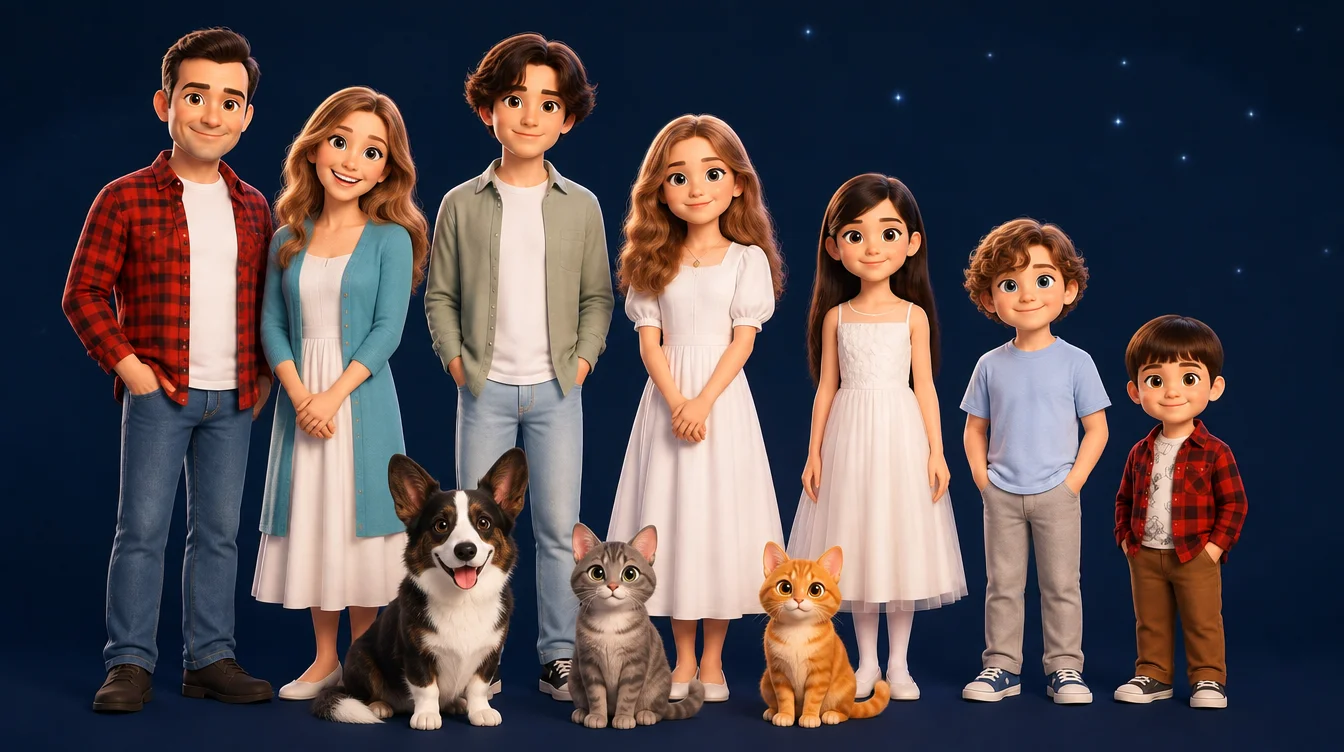 Та же семья мультяшными героями MyFamily Quest: папа, мама, пятеро детей, корги и два кота под звёздным небом