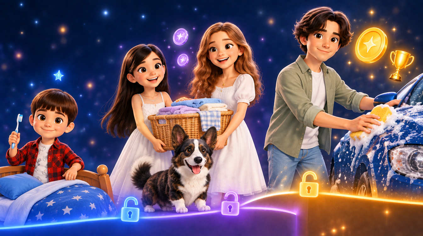 Three glowing steps: on the blue one a little boy with a toothbrush by his made bed, on the violet one two sisters carry a laundry basket with a corgi beside them, on the gold one the eldest brother washes the car next to a big gold coin and a trophy