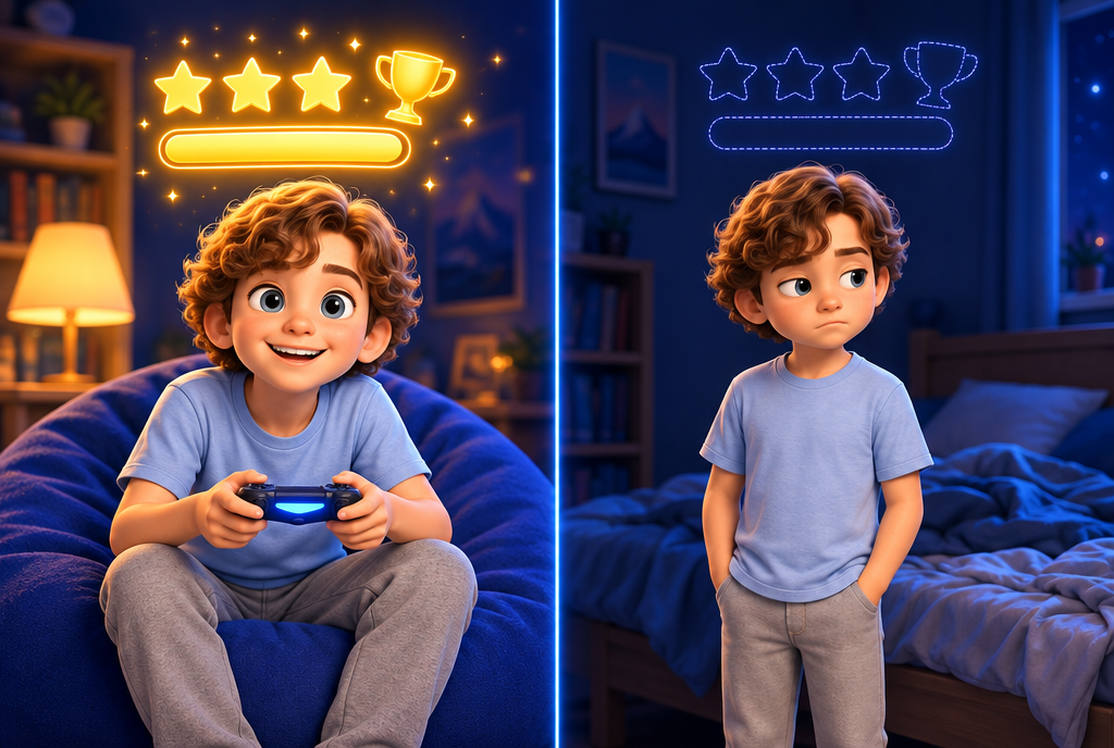 Left: a boy on a bean bag with a game controller beams under a glowing progress bar, stars and a trophy; right: the same boy bored by an unmade bed under empty outlines of the same rewards