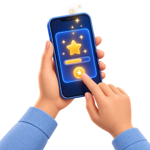 A child's hands holding a phone with a quest card and a star